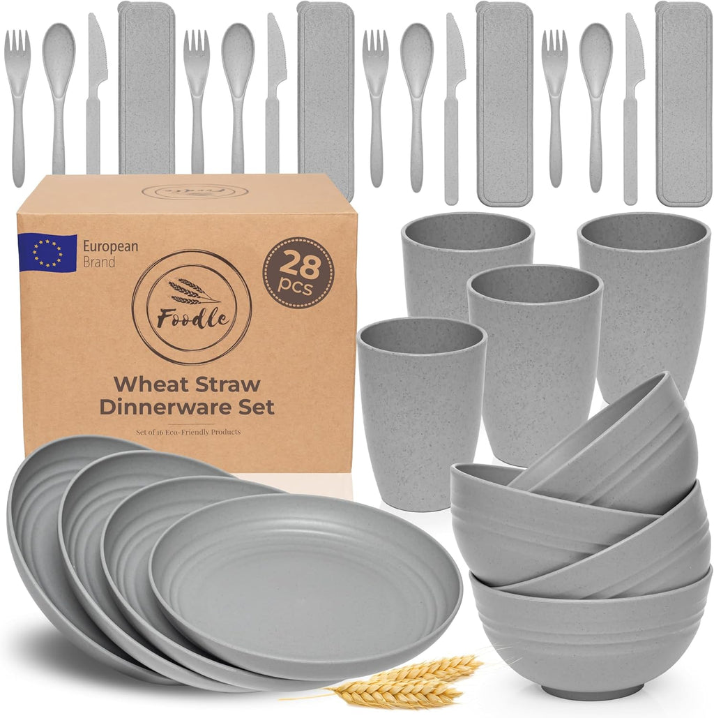 FOODLE Wheat Straw Dinnerware Set - RV, Camping, Picnic Plates Cups & Bowls