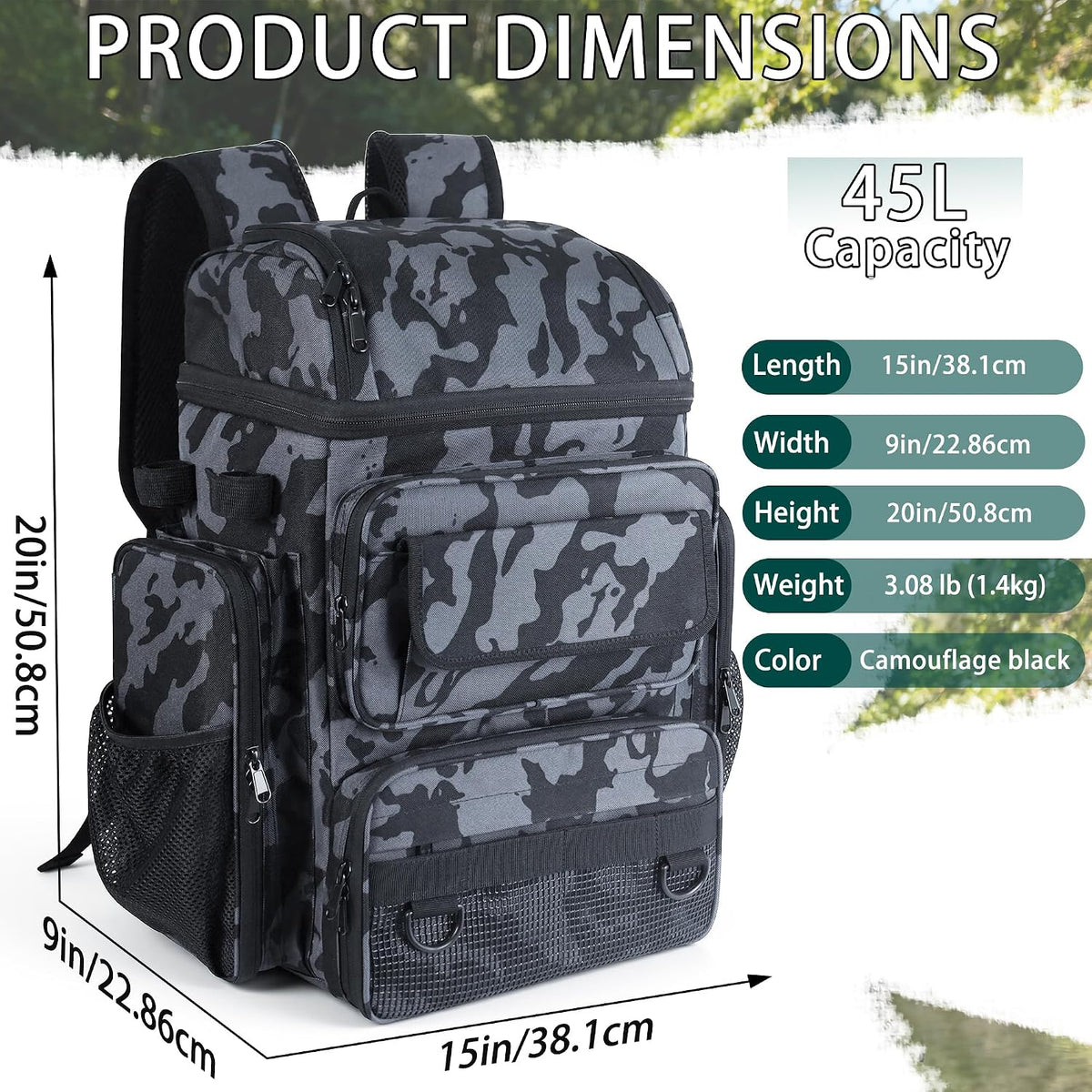 Fishing Tackle Backpack With Rod Holders,45L Large Tackle Bag & Fishing Tackle Backpack for Fishing,Camping, Hiking,Camouflage Gray White