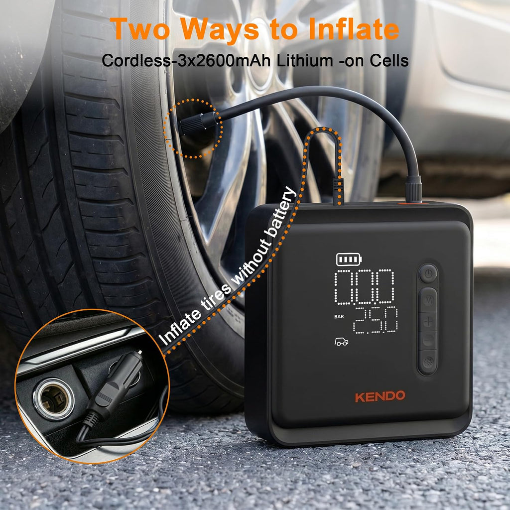 KENDO Tire Inflator Portable Air Compressor, 150 PSI Cordless Bike Pump with 12V Car Charger, Auto Shut-Off & Digital Gauge, Fast Inflation for Car, Motorcycle, Bicycle, Ball