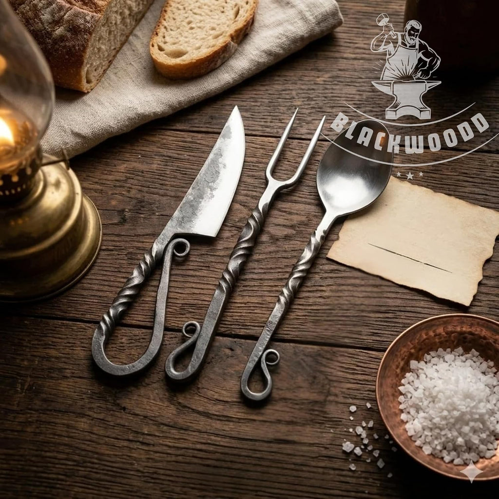 Hand Forged Medieval Cutlery Set - Viking Silverware Set with Leather Cover