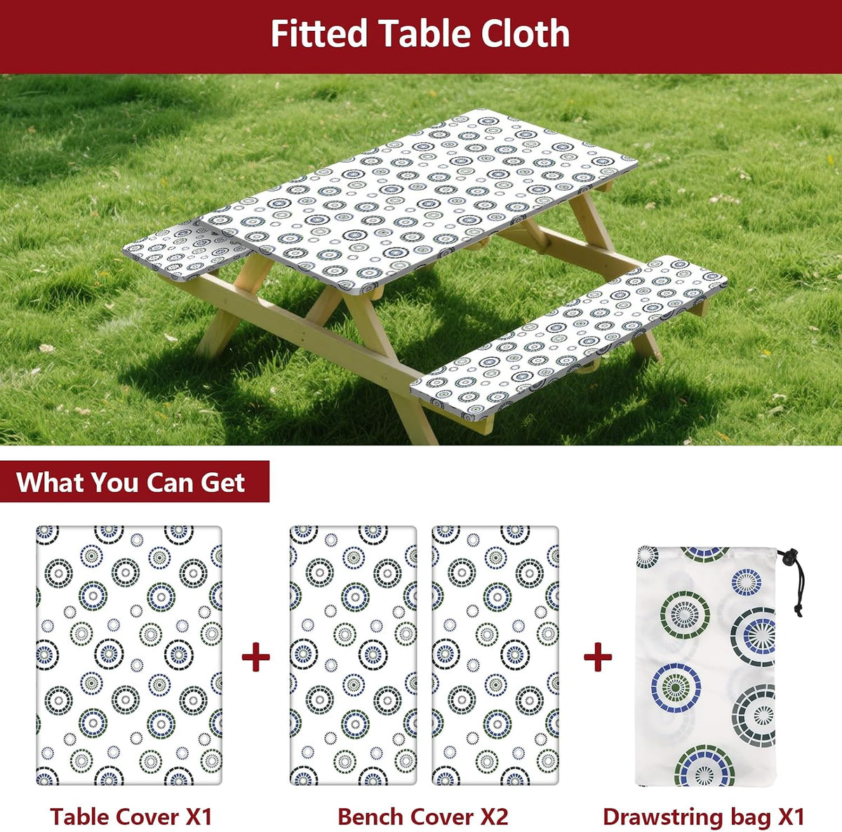 6ft 72in Picnic Table and Bench Cover, 3 Pack, Blue Flywheel