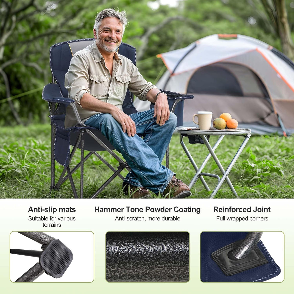 LET'S CAMP Folding Camping Chair Oversized Heavy Duty Padded Outdoor Chair with Cup Holder Storage and Cooler Bag, 450 LBS Weight Capacity, Thicken 600D Oxford