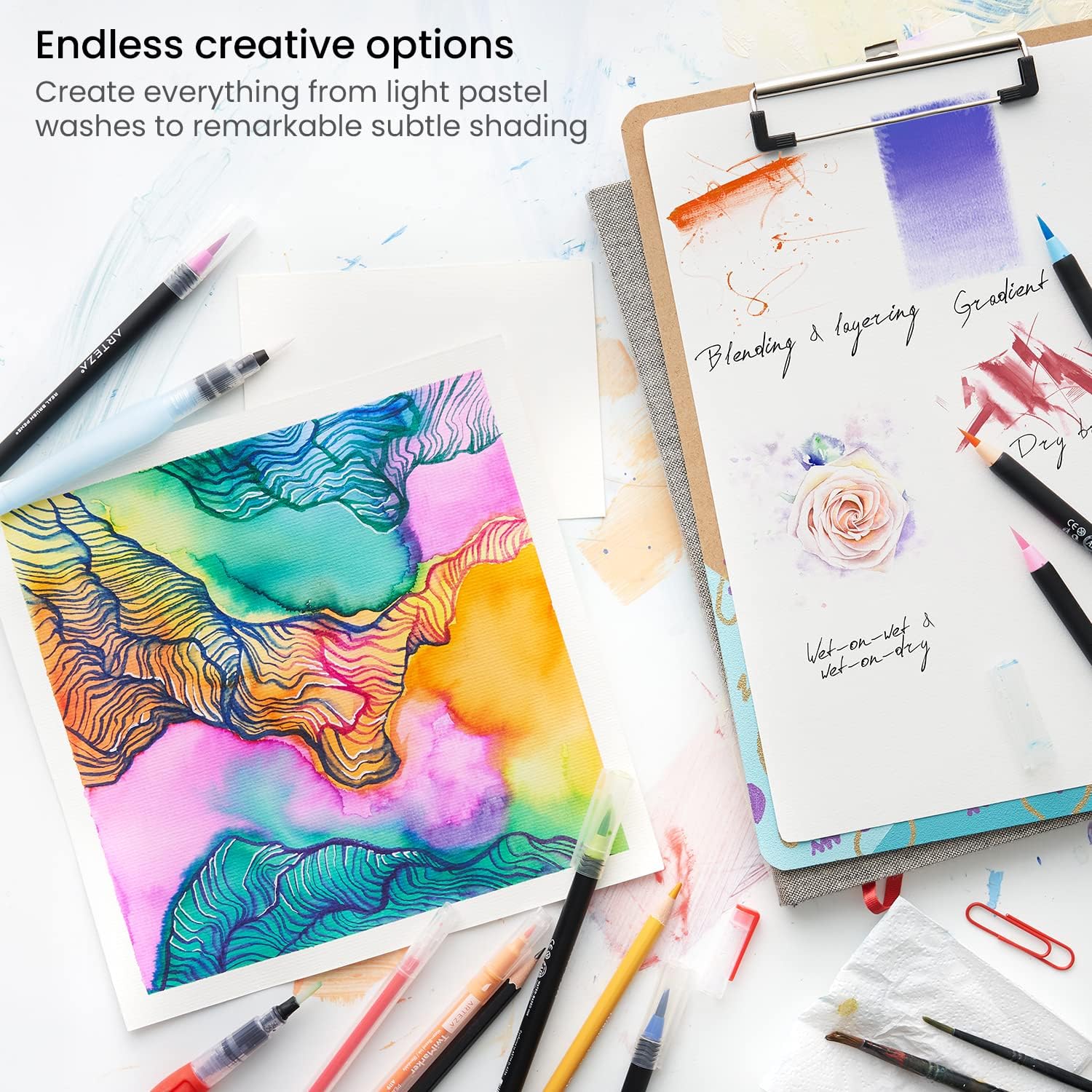 ARTEZA Real Brush Pens, 24 Watercolor Markers, Flexible Nylon Brush Tips