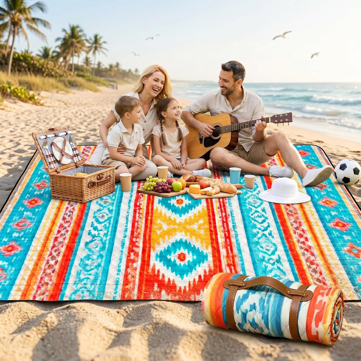 Picnic Blanket Waterproof 80”x80” Extra Large Beach Blanket for 6-8 People, Foldable Outdoor Blanket with Boho Southwestern Design for Camping, Travel, Park & Lawn