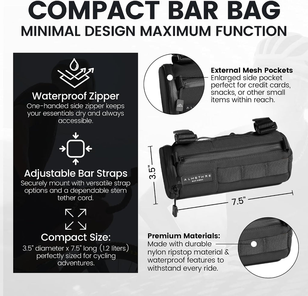 ALMSTHRE Compact Bar Bag – Midnight Black | Hard-Shell Bike Handlebar Bag with Waterproof Zipper & Adjustable Straps | Lightweight Bicycle Handlebar Bag, Compatible with Road, Gravel & MTB Bikes