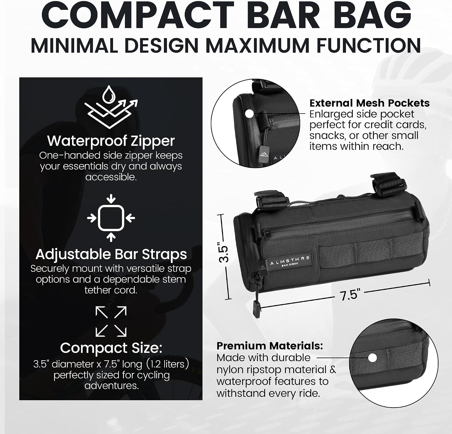 ALMSTHRE Compact Bar Bag – Midnight Black | Hard-Shell Bike Handlebar Bag with Waterproof Zipper & Adjustable Straps | Lightweight Bicycle Handlebar Bag, Compatible with Road, Gravel & MTB Bikes