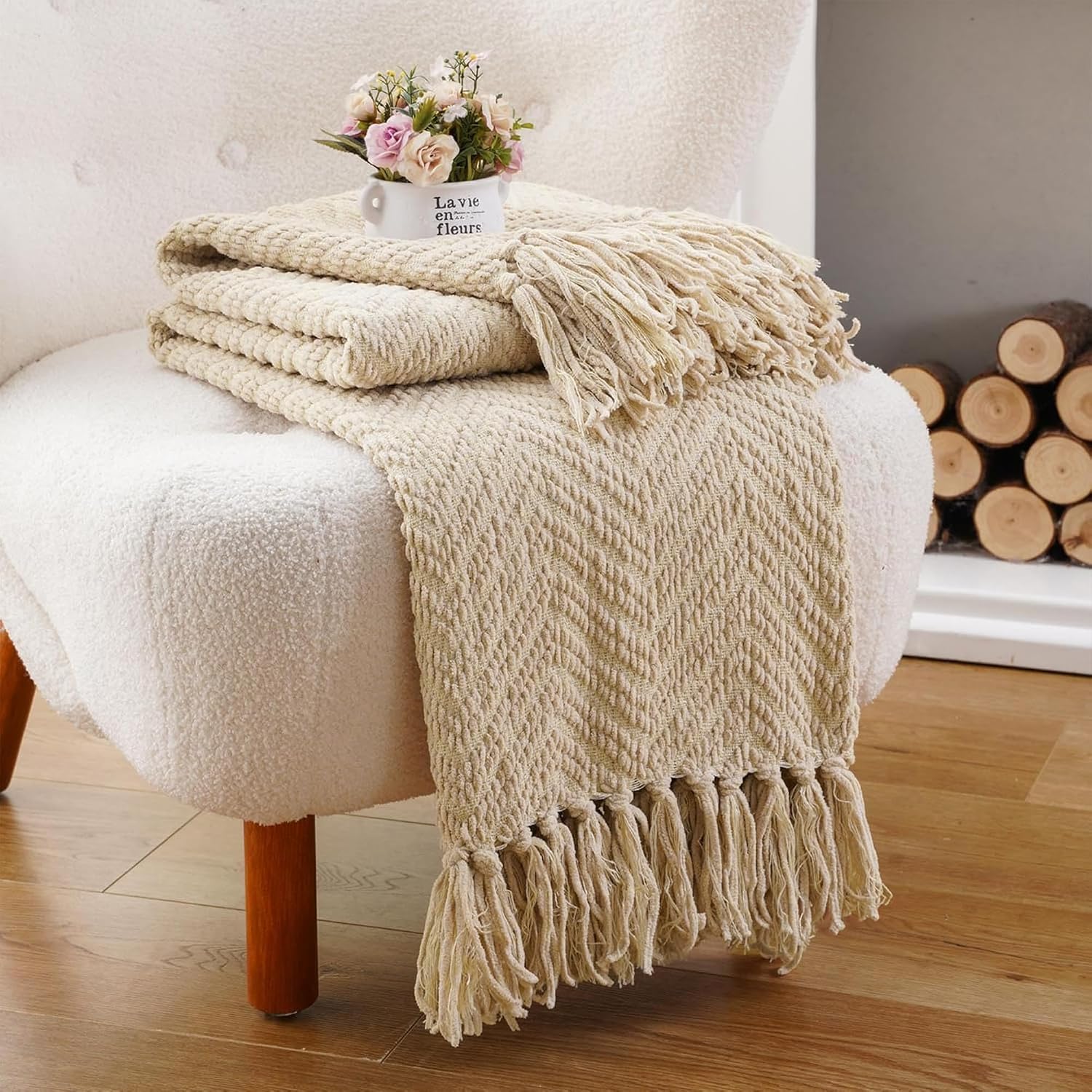 BATTILO HOME Beige Throw Blanket for Couch, Knitted Beige Throw for Bed, Neutral Throw Blankets Tan Throw Blanket for Room Decor Housewarming Gifts, 50" x 60"