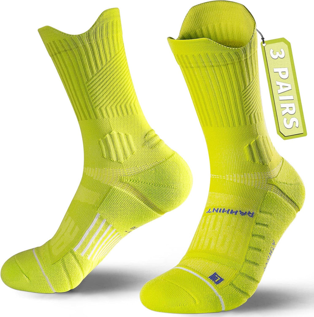 Compression Running Socks 3 Pairs, Cushion Crew Socks, Anti-Blister Moisture Wicking Athletic Hiking Basketball Socks