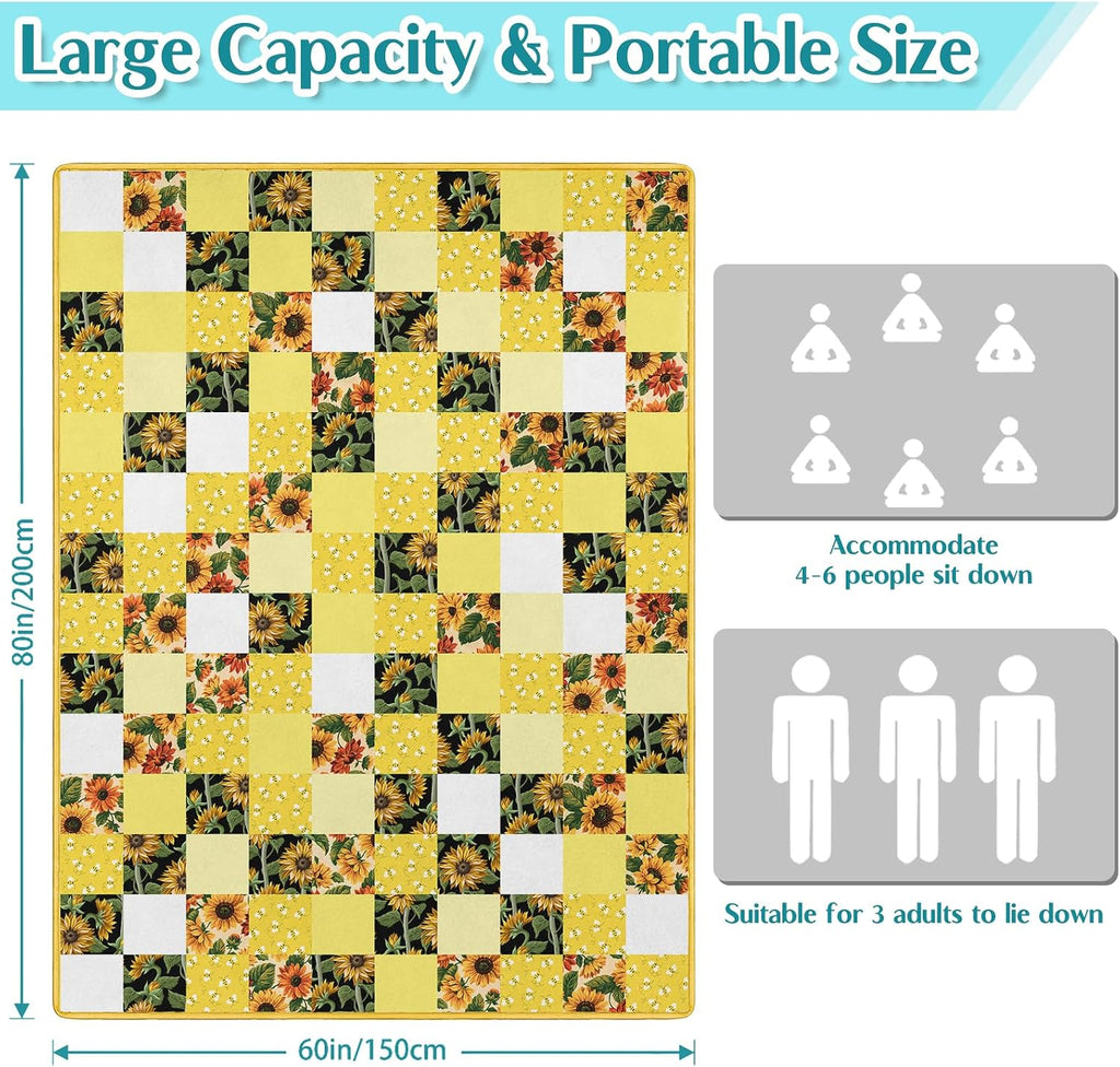 Checkered Picnic Blankets Waterproof Foldable, 60″X80″Sunflower Picnic Mat Outdoor Blanket for Grass, Cute Bee Thick Beach Blanket Sandproof Picnic Accessories for Camping Party Park Patio