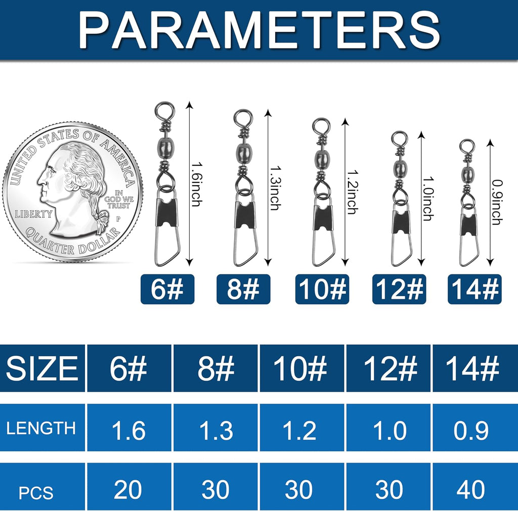 150pcs Fishing Swivels Snaps Kit, Barrel Swivels Fishing Tackle with Stainless Steel Safety Snaps, High Strength Fish Leader Line Connect for Saltwater Freshwater