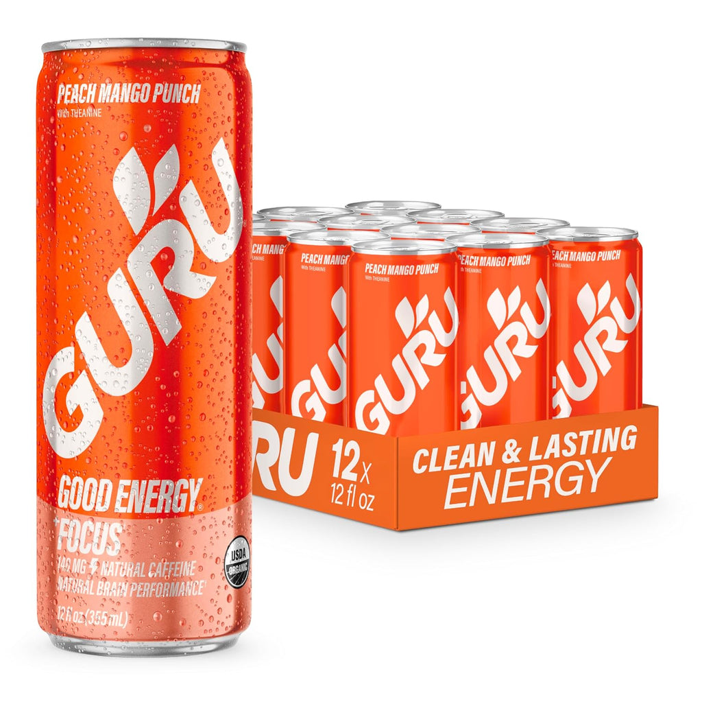 GURU Organic Energy Drink, Peach Mango Punch, 12 Fl Oz, 12 Pack