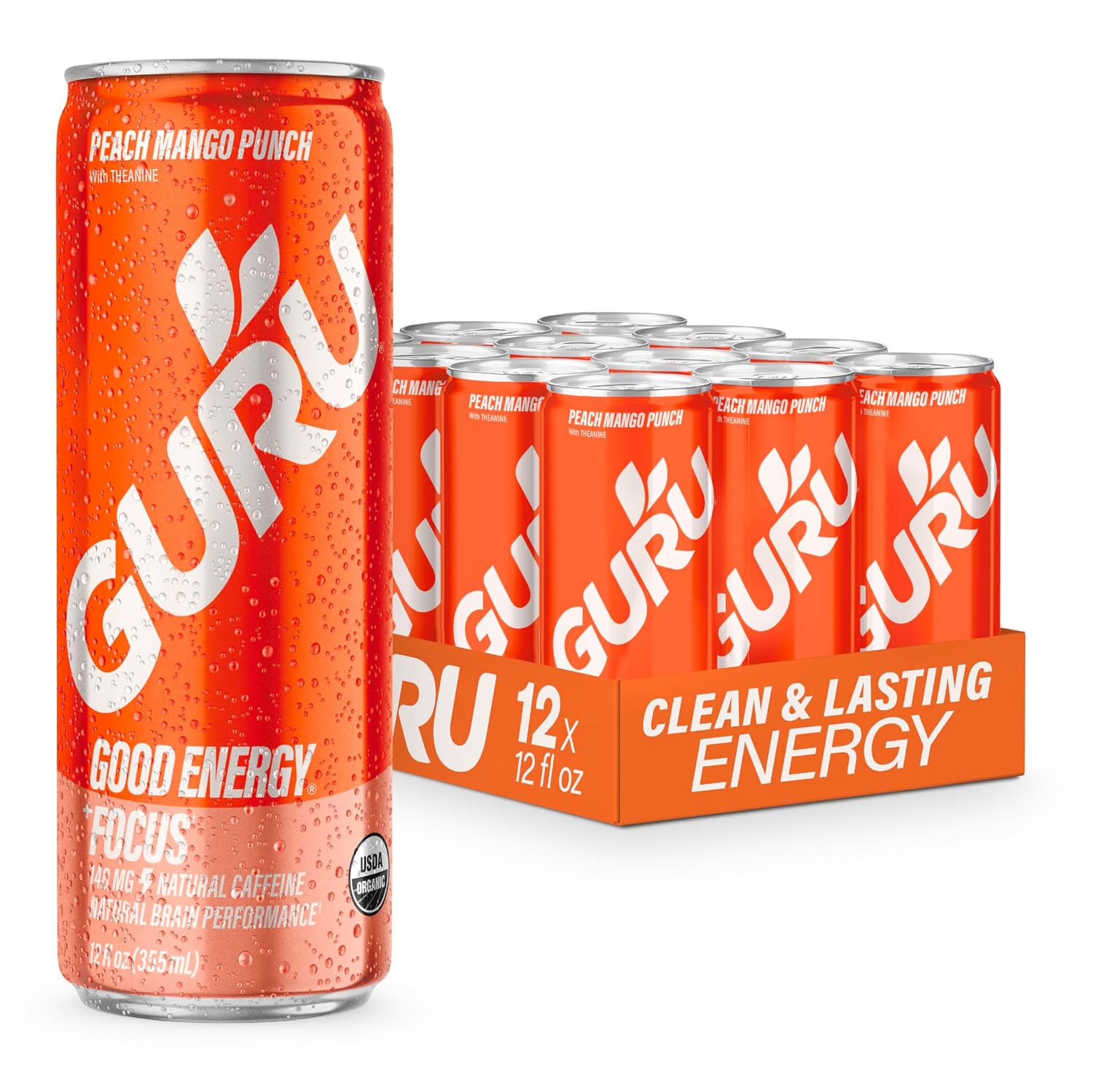 GURU Organic Energy Drink, Peach Mango Punch, 12 Fl Oz, 12 Pack