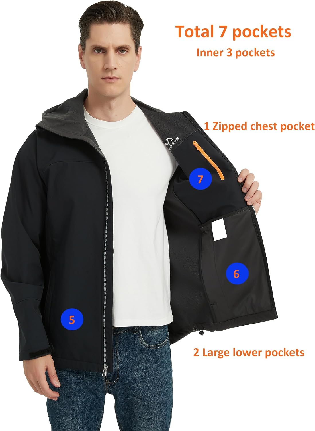 NORDIC OUTLAND Men's Waterproof Softshell Rain Jacket, Hooded Windbreaker 7 Pockets, Lightweight Shell for Outdoor Activities