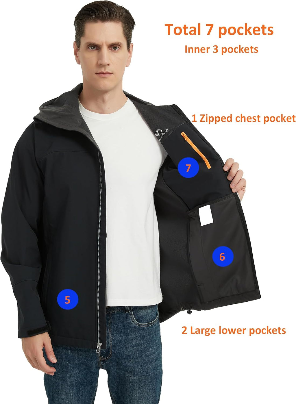NORDIC OUTLAND Men's Waterproof Softshell Rain Jacket, Hooded Windbreaker 7 Pockets, Lightweight Shell for Outdoor Activities