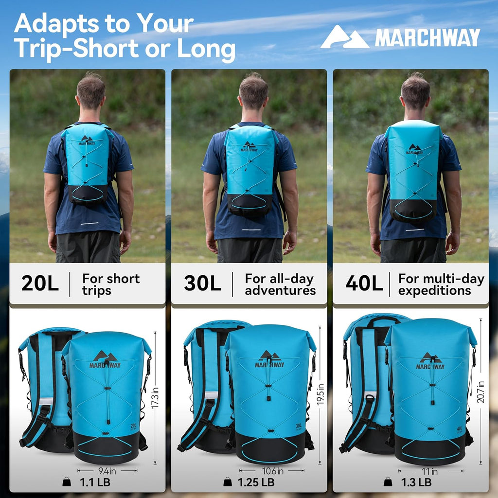 MARCHWAY Floating Roll Top Dry Bag, Flexible Lightweight TPU-coated Nylon Waterproof Backpack 20L/30L/40L with Padded Straps for Boating, Kayaking, Swimming, Hiking, Beach (Blue, 30L)