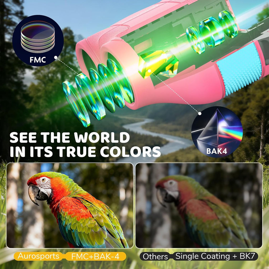 Aurosports 15x25 Compact Binoculars for Kids with Bird Guide Book, Pink