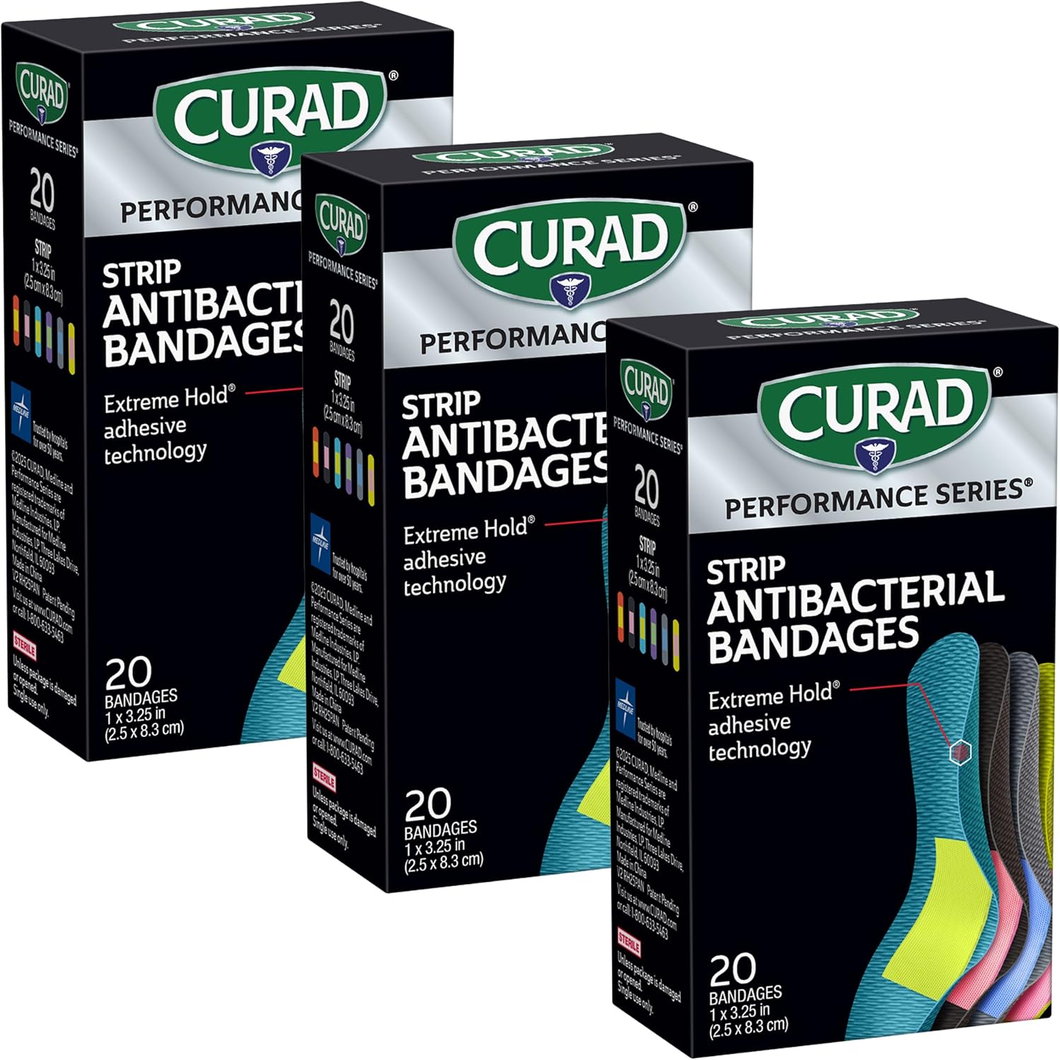CURAD Performance Series Antibacterial Bandages, 1" x 3.25", 60 Count