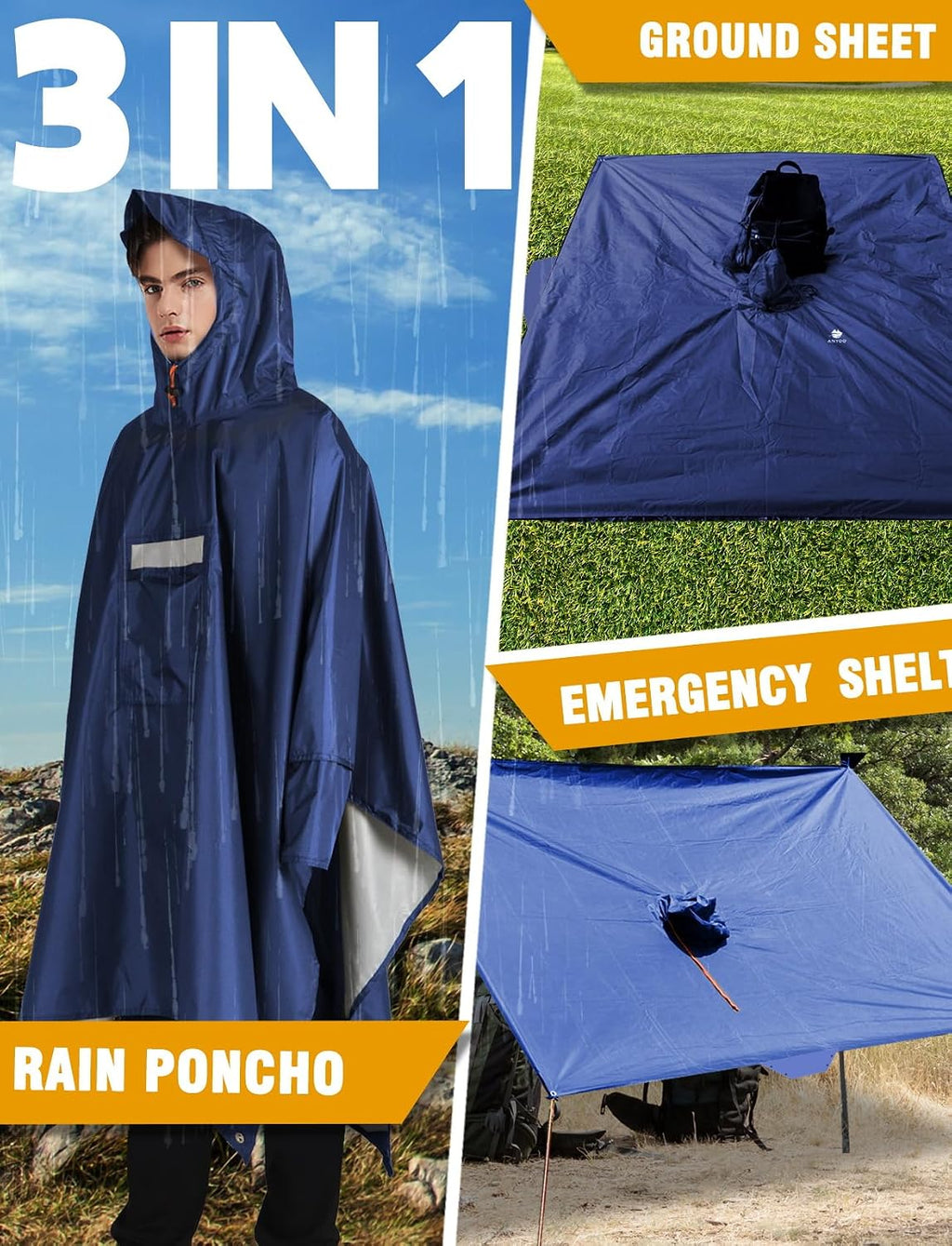 ANYOO Hooded Rain Poncho for Adult Waterproof Lightweight Raincoat