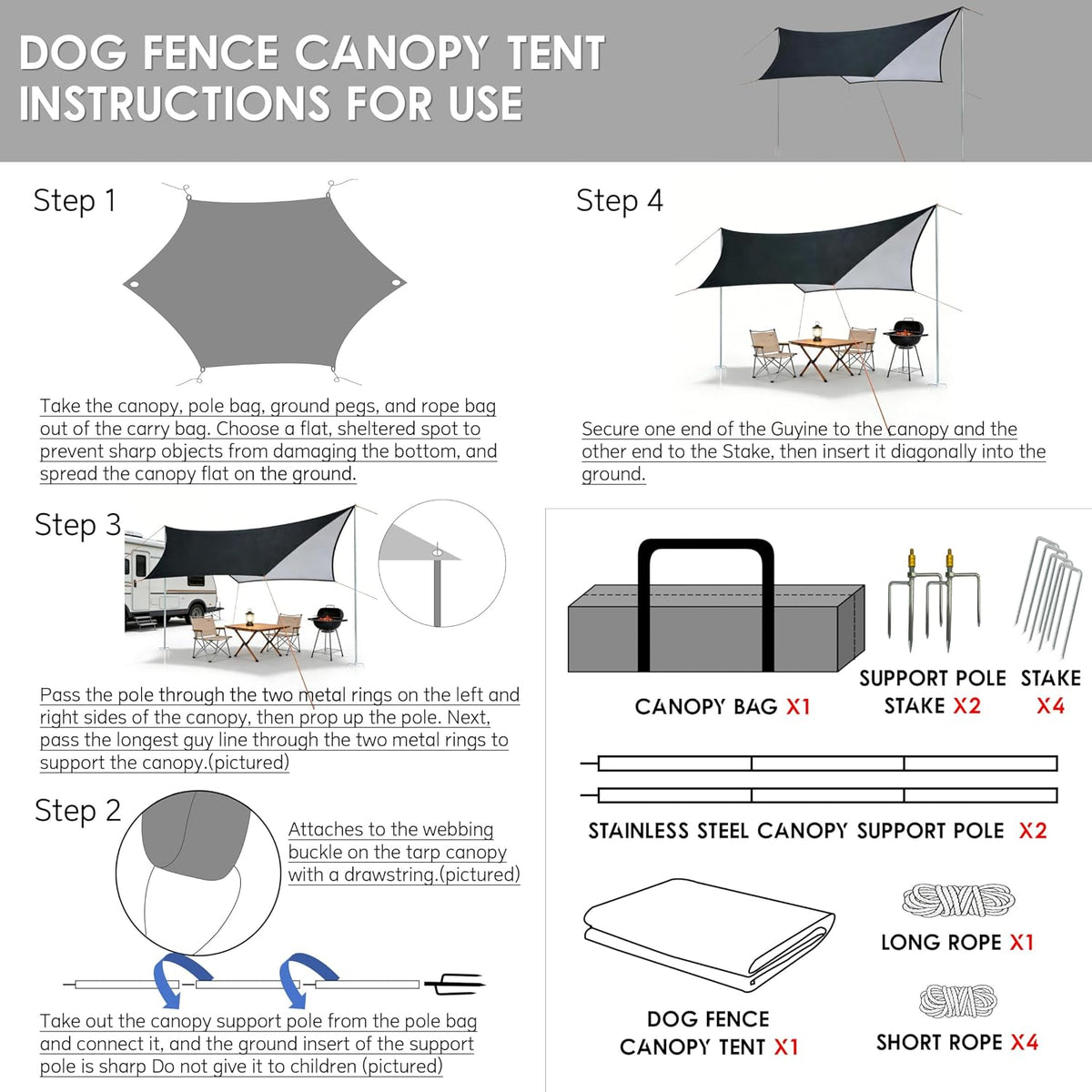 Camping Tent Tarp with Thickened Stainless Steel Bracket - PU 20000mm+ Waterproof Rain Shelter, UPF2000+ Anti-UV Camping Canopy, Portable Sun Shade for Camping, Hiking, Picnic