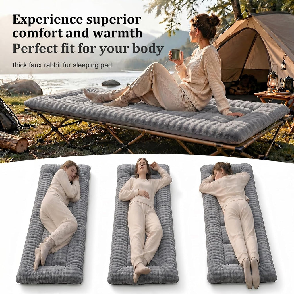 Thick Camping Sleeping Pad - Faux Rabbit Fur Ultra Soft & Non-Slip Sleeping Mat with Portable Roll up Camping Cot Pad for Travel Car Tent Guest Bed
