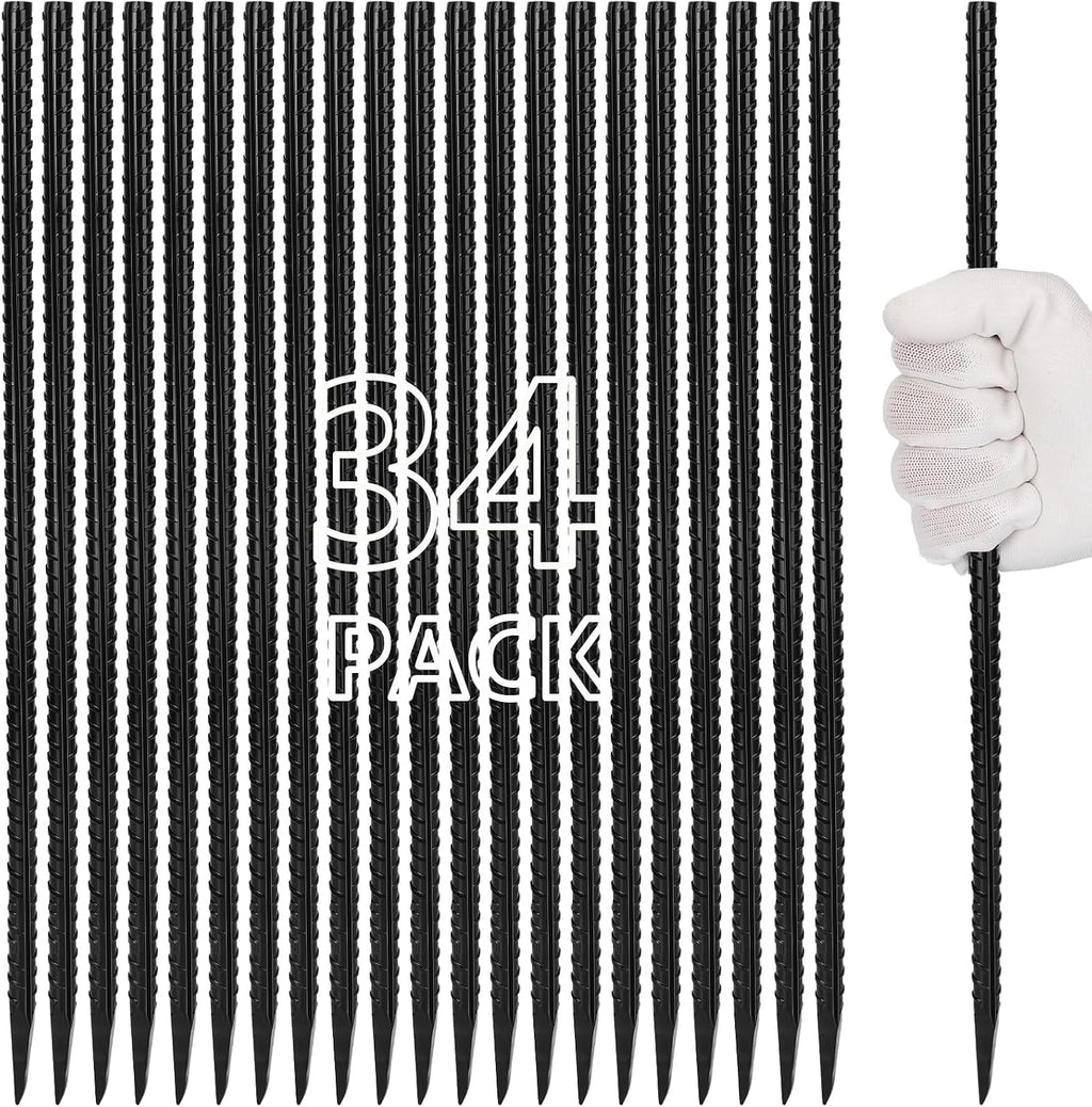 Besitu 16 inches Rebar Stakes Heavy Duty (34-Pack) Metal Spikes for Concrete Timber, Garden Plant, Straight Steel Stakes for Tent, 3/8" Thickness Ground Anchors with Chisel Point End, Black
