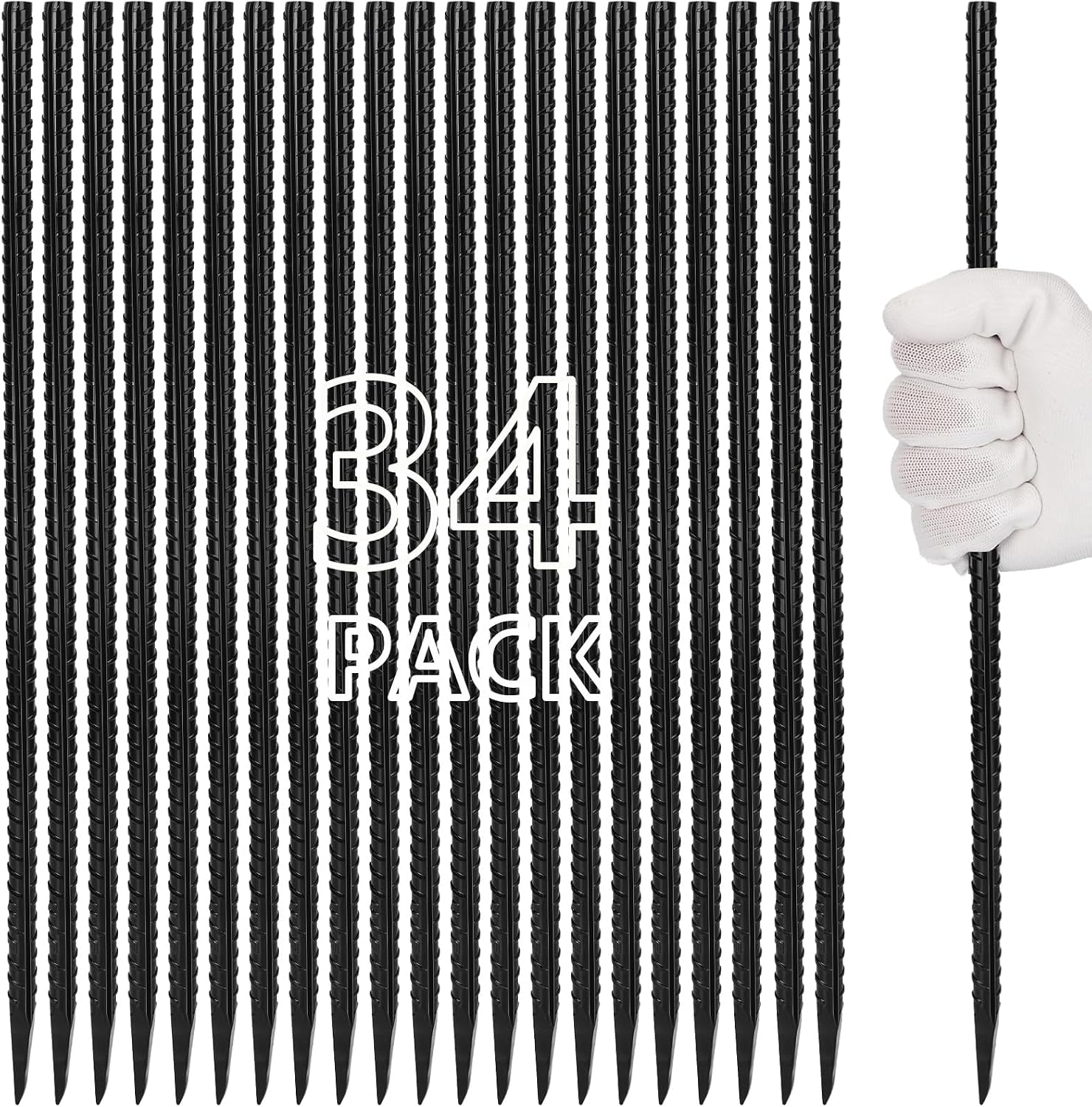 Besitu 16 inches Rebar Stakes Heavy Duty (34-Pack) Metal Spikes for Concrete Timber, Garden Plant, Straight Steel Stakes for Tent, 3/8" Thickness Ground Anchors with Chisel Point End, Black