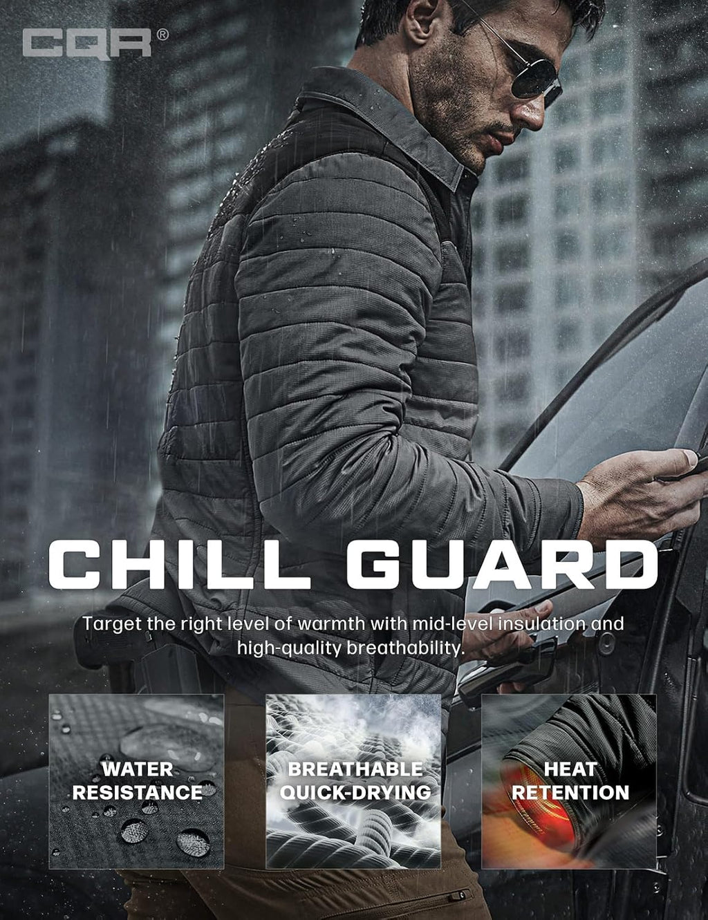 CQR Men's Lightweight Warm Insulated Jacket, Windproof Water Resistant Winter Active Coat for Hiking Work Outdoor Tactical