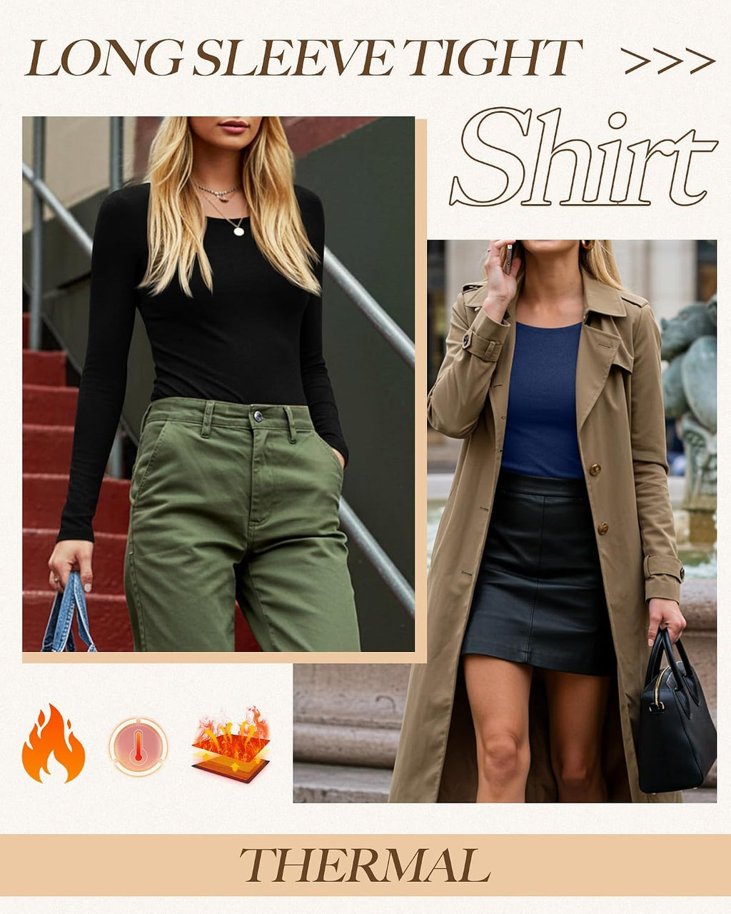 Neer 3 Pack Womens Thermal Shirts Crew Neck Fleece Lined Tops