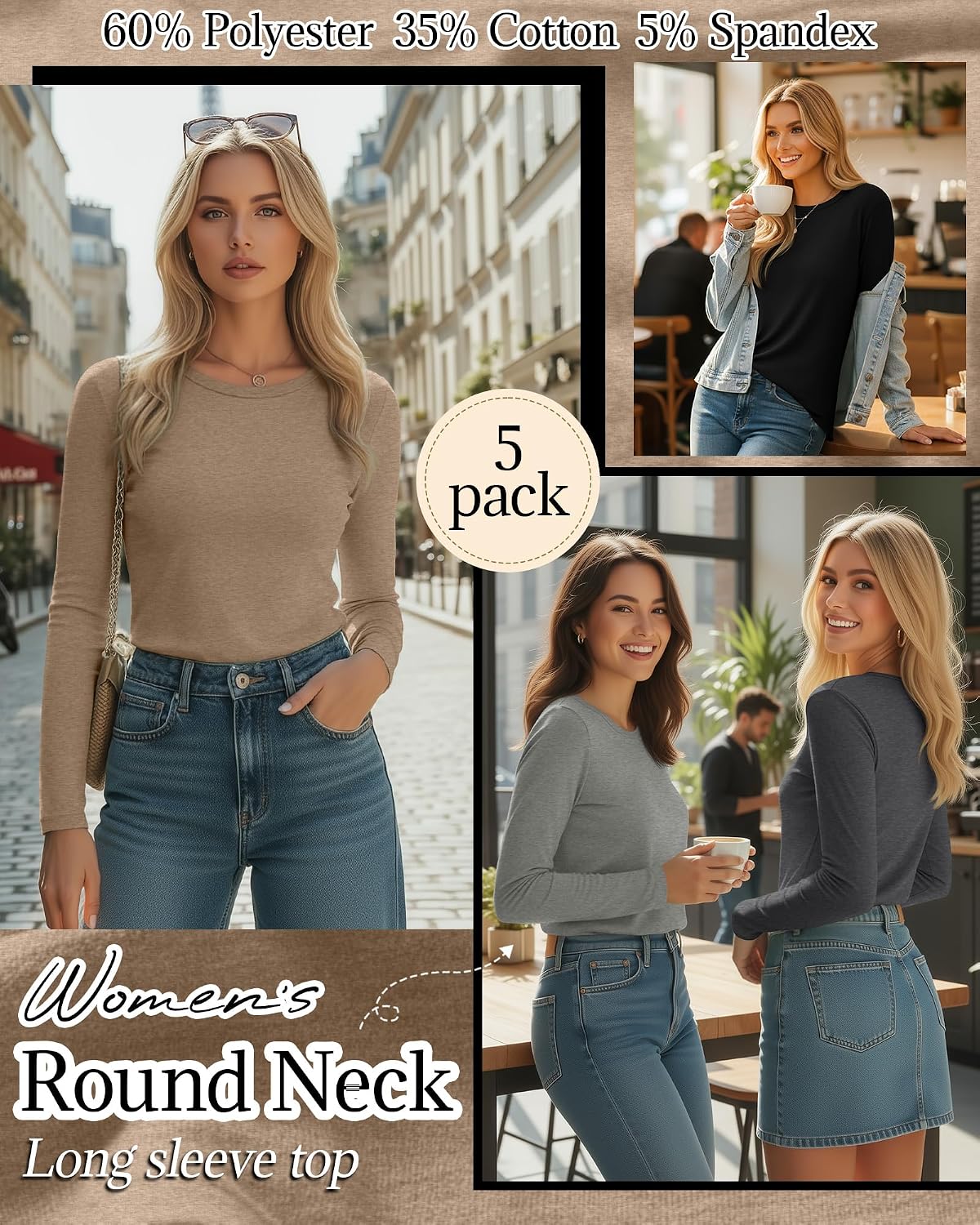 Huukeay 5 Pack Women's Crew Neck Long Sleeve Shirts