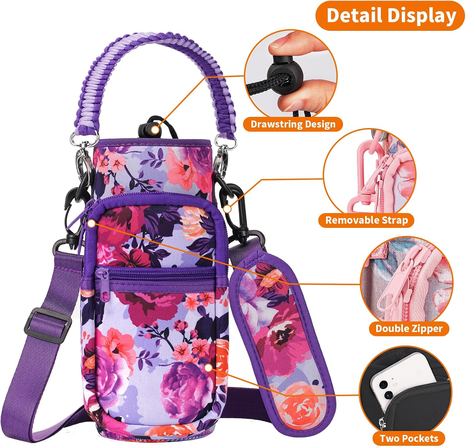 AceTreker 32/40/64/128 oz Neoprene Insulated Water Bottle Carrier Bag, Sling Bag Sleeve Pouch Holder with Strap & Paracord Handle and 2 Pocket for Travelling, Hiking, Camping