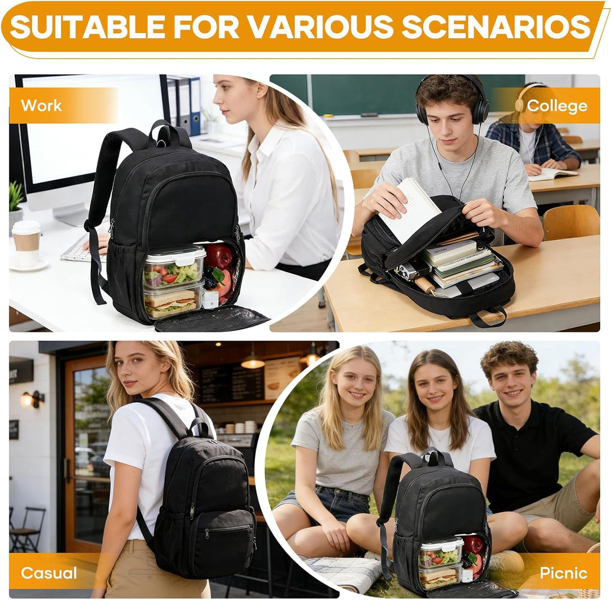 coowoz Lunch Backpack for Men Women,15.6 Inch Laptop Backpack with Lunch Compartment,Water Resistant Insulated Cooler Work college Backpacks