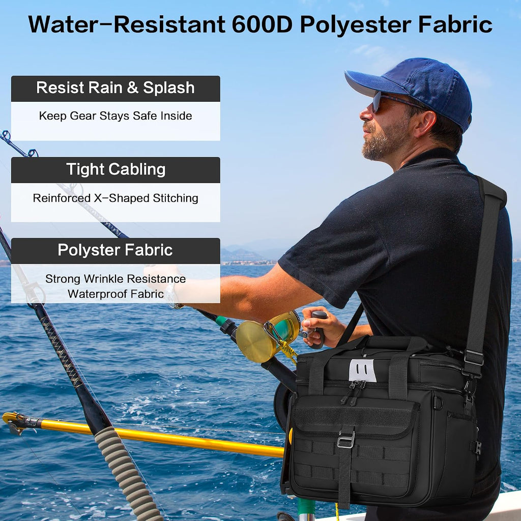 30L Large Fishing Tackle Bag, Waterproof, Double Deck, Black