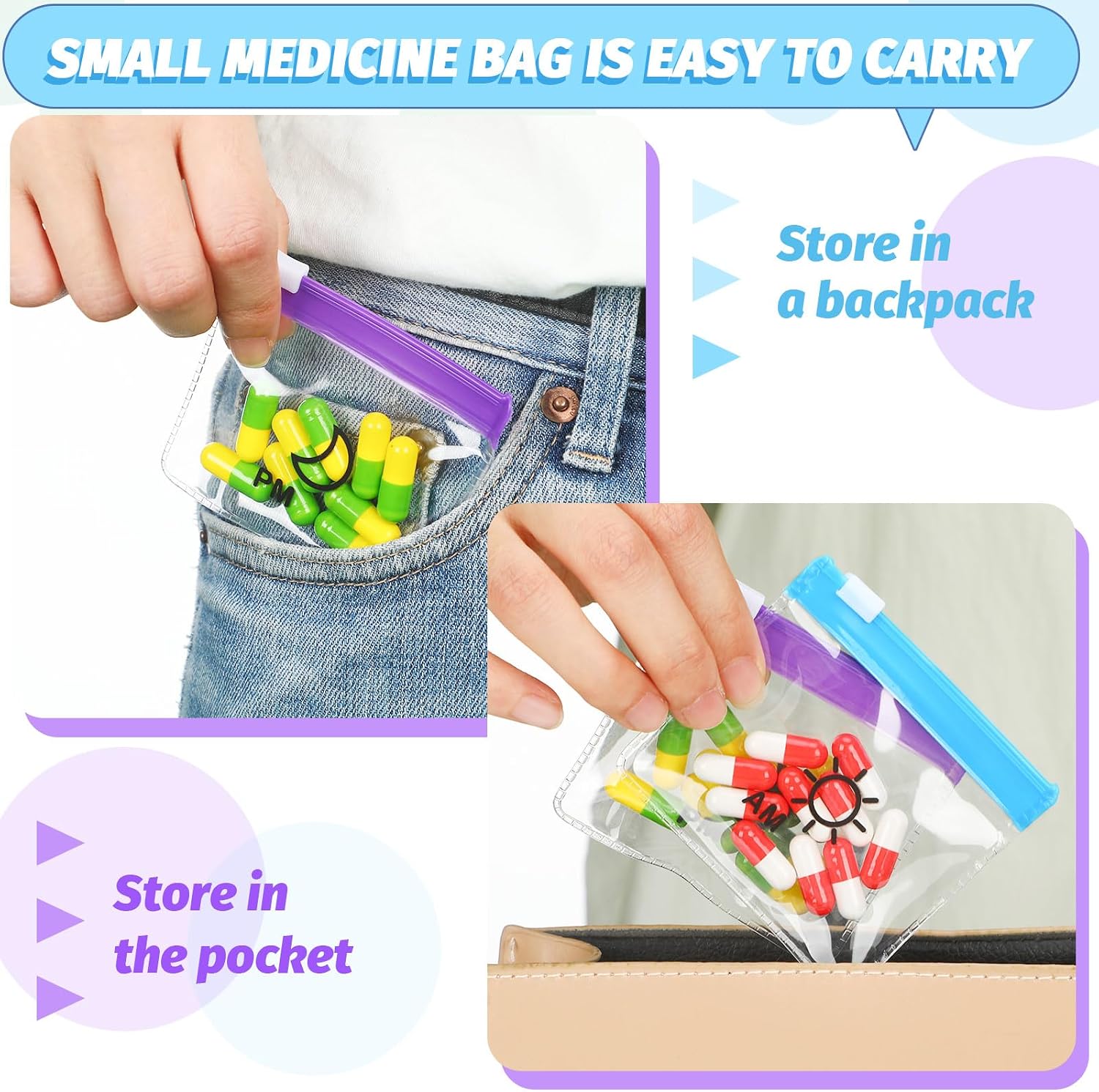 Colarr 56 Pcs AM PM Pill Pouches Bags Travel Zippered, Blue, Purple