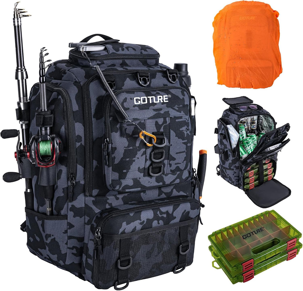 Goture 40L Camouflage Fishing Tackle Backpack w/Cooler & Tackle Boxes