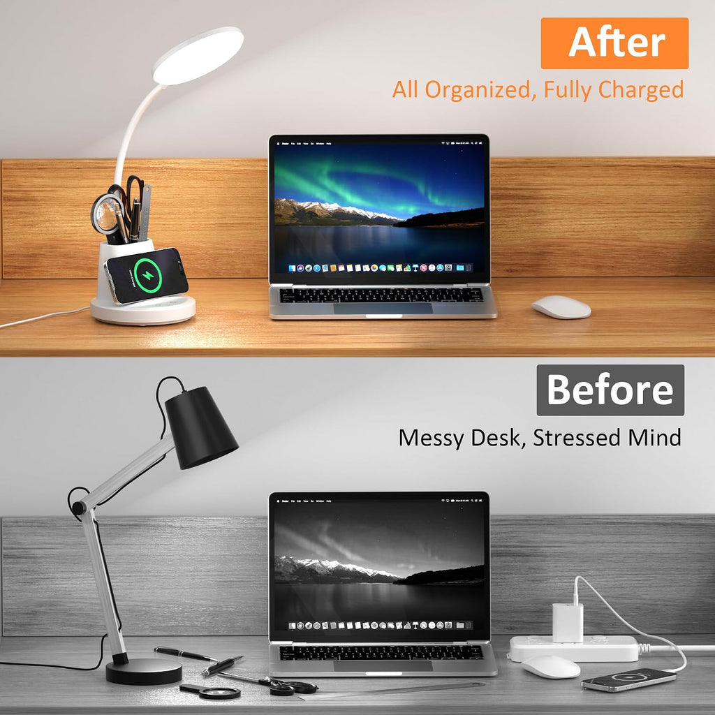 LED Desk Lamp with Wireless Charger for Home Office, White