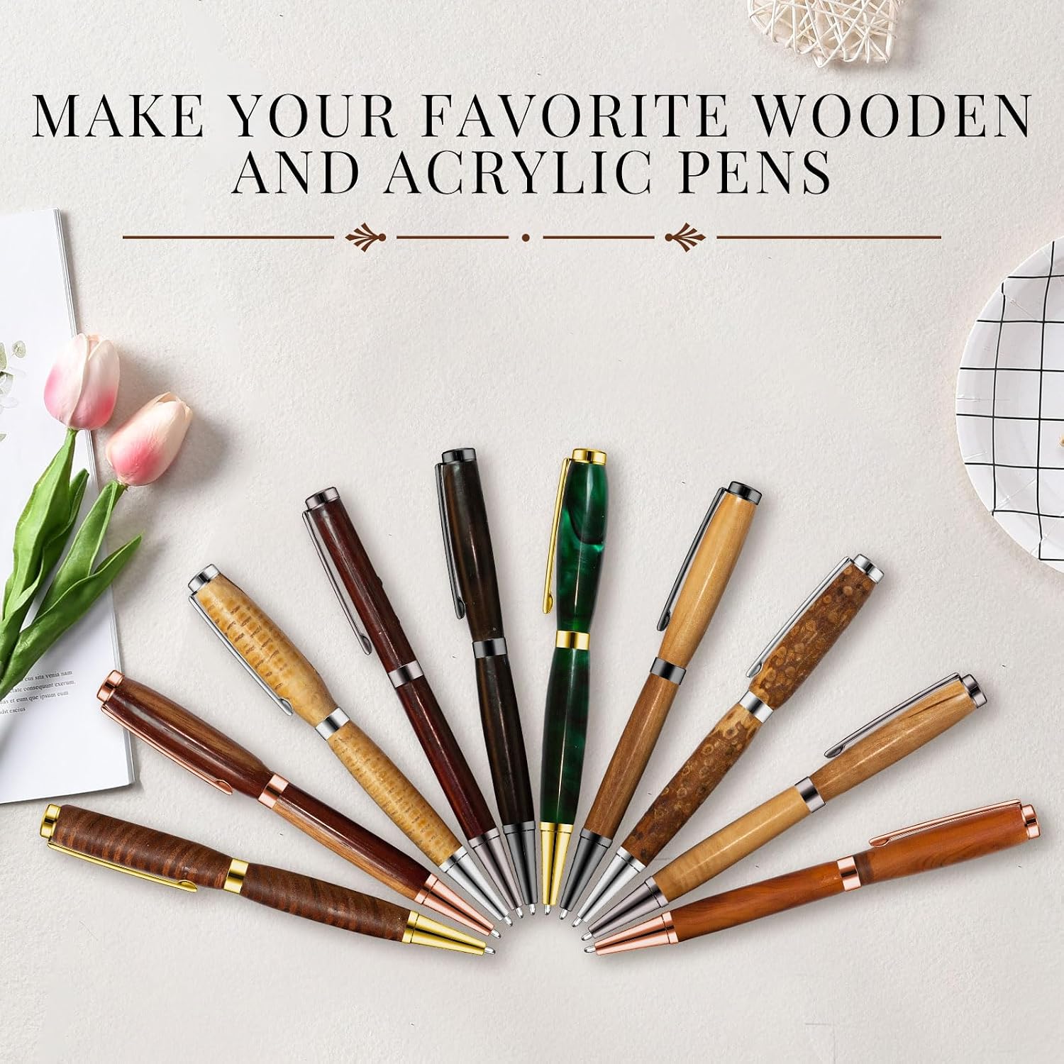 Colarr 20 Pcs 7mm Slimline Twist Pen Kit with Refill Wood, Assorted Color