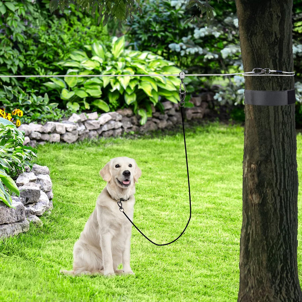 PAWCHIE Dog Tie Out Cable for Camping - 50ft Portable Overhead Trolley System for Dogs up to 200lbs, Heavy Duty Reflective Steel Wire Dog Runner for Yard, Parks, Outdoor Events
