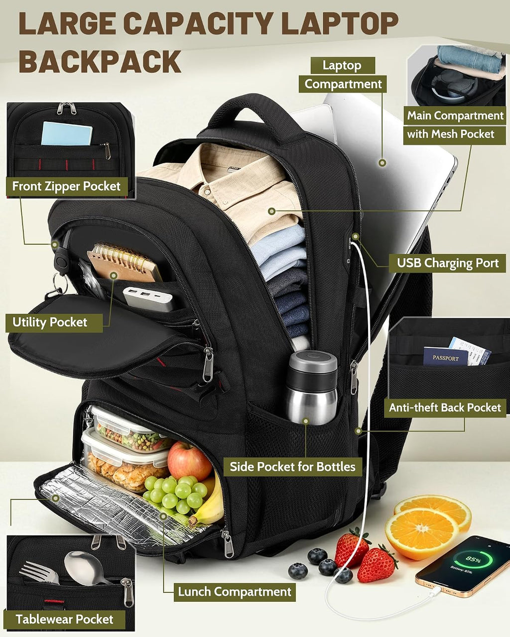RAINSMORE Laptop Backpack with Lunch Compartment,40L Large Capacity Lunch Backpack for Men Work Backpack with USB Post Insulated Cooler Backpack for Work, Travel, Picnic, Black