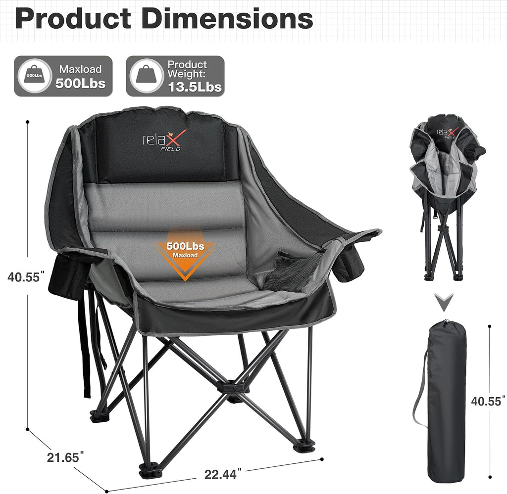 Oversized Camping Chairs with Cup Holder 500LBS, Black