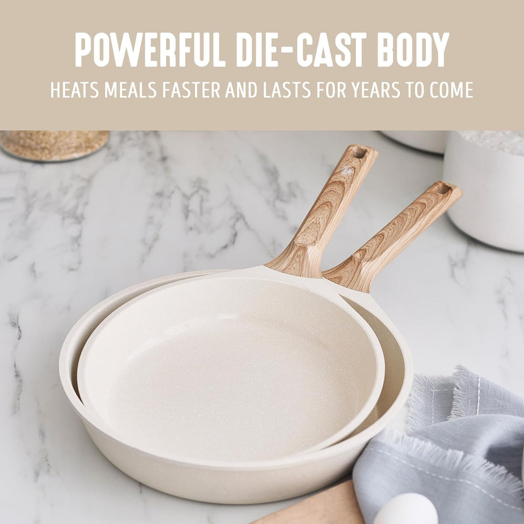 GreenLife Nonstick 2 Piece Frying Pan Set, 9.5" & 11" Skillets Ceramic PFAS-Free Nontoxic, Induction Suitable, Wood Print Handles, Stay-Cool Handles, Deep Cooking Skillets, Egg Pan, Granite Cream