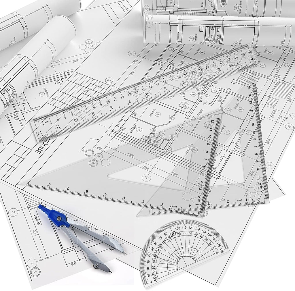 Coopay 12 Inch Math Geometry Tool Plastic Ruler Square Set Includes Straight Ruler, Triangles, Protractor, Compass, Pencil Lead, Pencil Sharpener for Student School Home Office Supplies