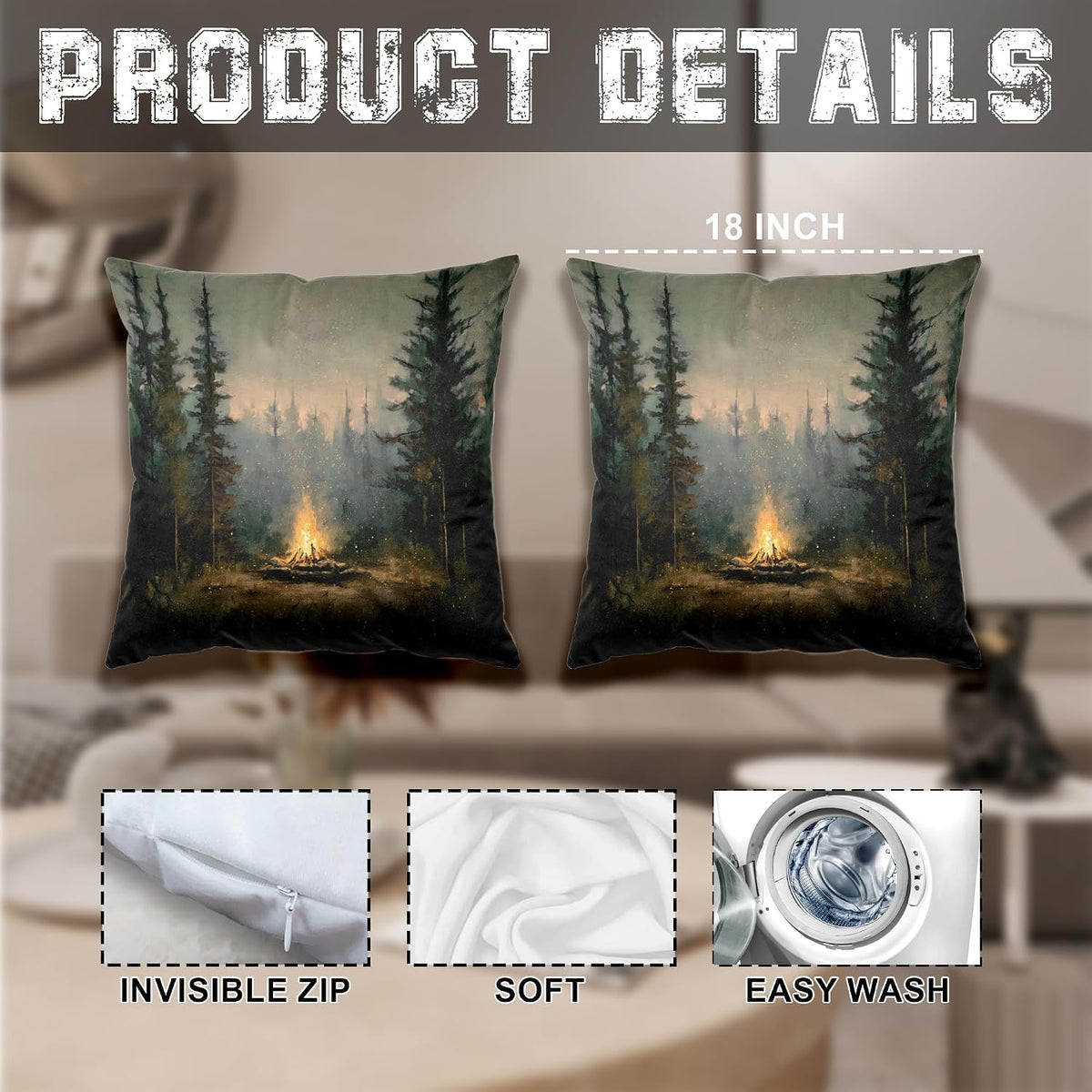 Vintage Forest Campfire Pillow Covers 18x18 Set of 2, Moody Pine Tree Camping Decor, Rustic Woodland Campsite Decorative Throw Pillow Covers for Home Bedroom Living Room,Camper Lover Gifts