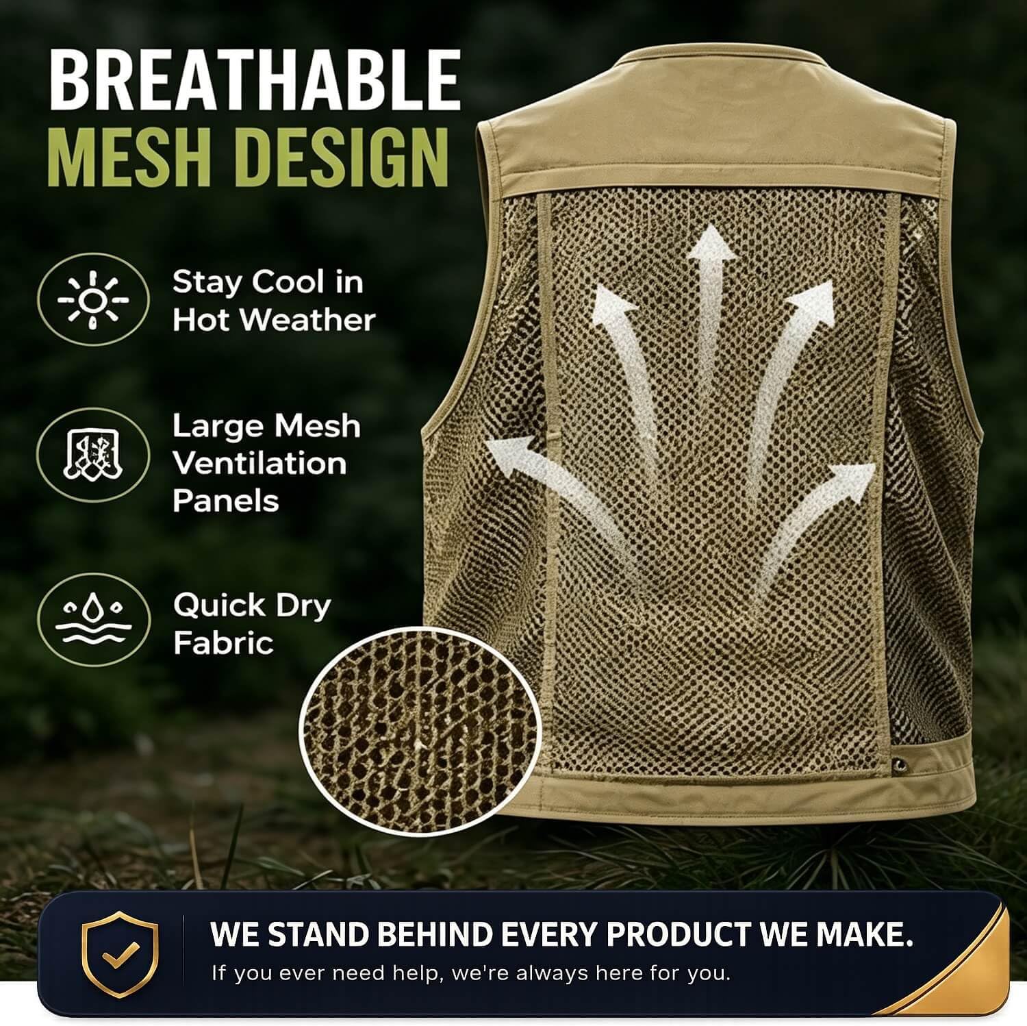 Outdoor Utility Vest for Men & Women, Lightweight Breathable Mesh Vest with Multiple Pockets for Fishing, Photography, Hiking, Camping, Travel & Safari, Khaki