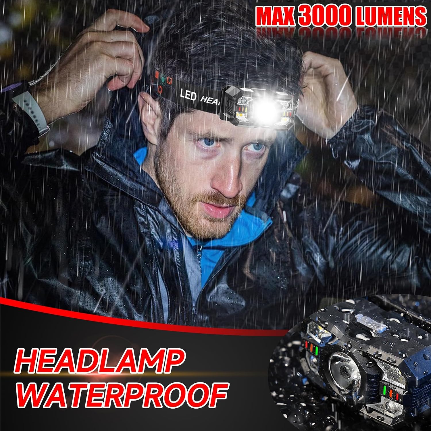 Headlamp Rechargeable 2Pack, 3000 Lumen Ultra-Light Bright Headlamp Flashlight with White Red Light, LED Headlight Motion Sensor, 5+5 Mode for Outdoor Camping Fishing Running Hiking (2)