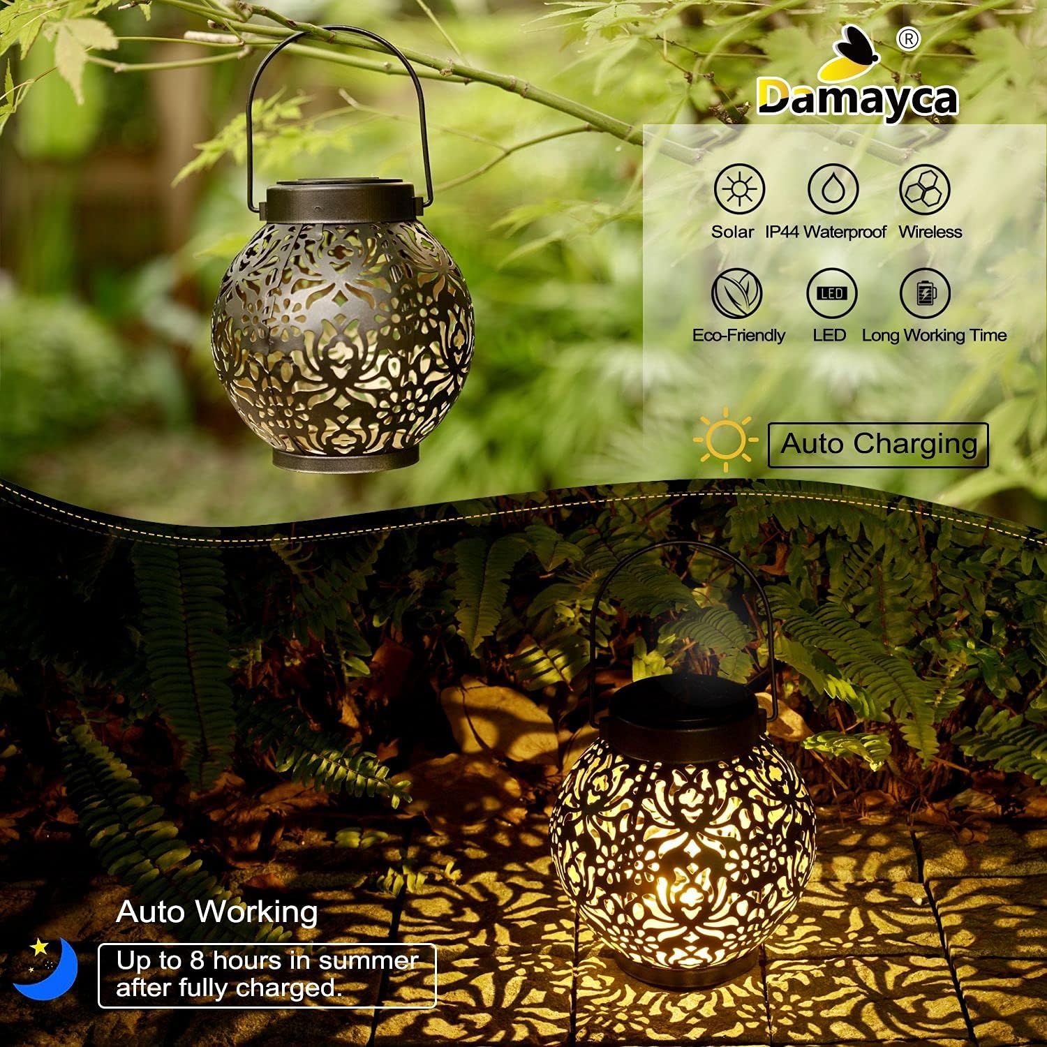 Set of 2 Solar Hanging Lanterns Outdoor for Garden Patio, Black