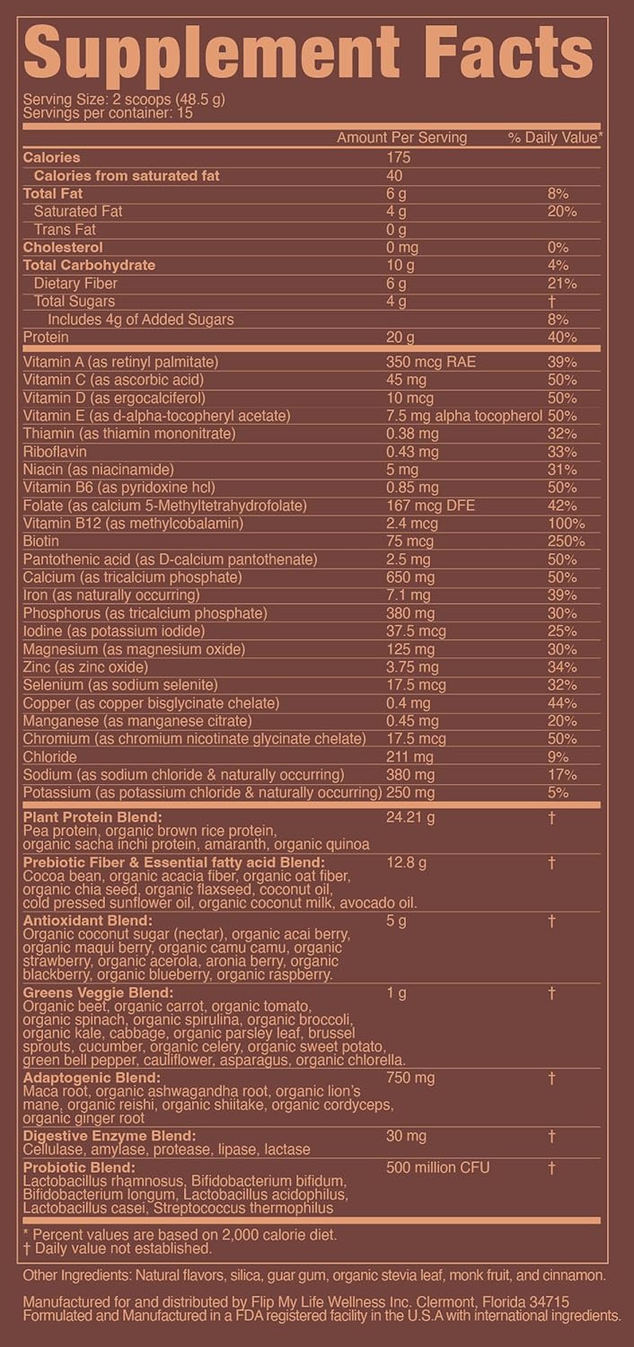 Flip My Life, Flip 7 Natural SuperFood, Plant-Based Protein, Complete Meal Replacement to Support Healthy Gut, 7 Mega Nutrient Rich Blends all in one to AGE BETTER - Chocolate