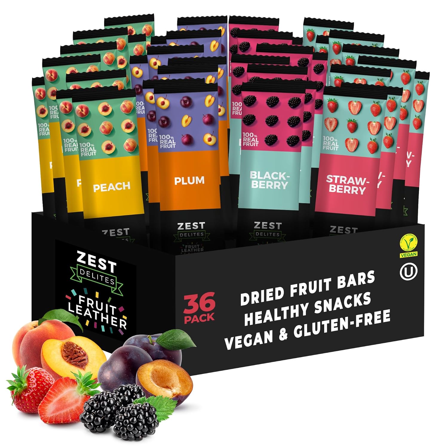 Fruit Snacks by Zest Delites, Fruit Leather, Healthy Snacks for Adults & Kids, Vegan Apple-Based Strips, Dried Strawberry-Peach-Blackberry-Plum Bars, 0.88 oz x 36