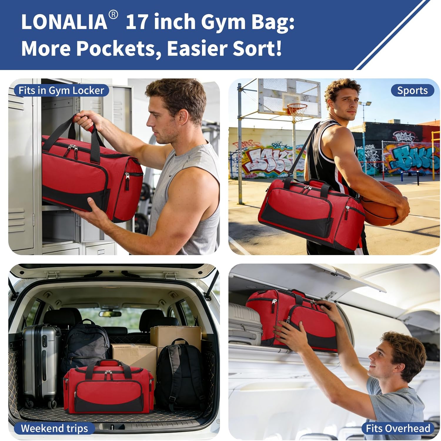 30L Gym Sport Duffle Bag, 17 inch, Red