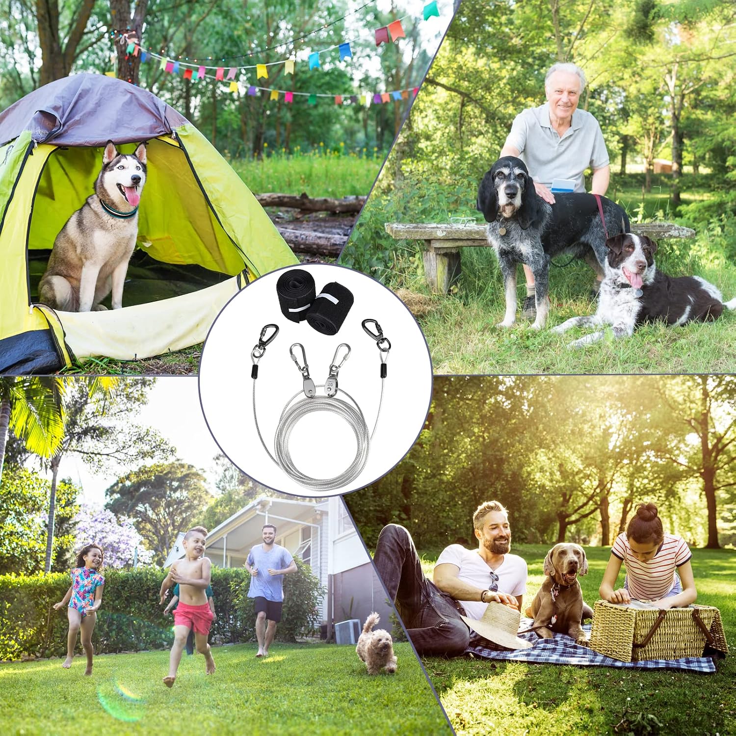 PAWCHIE Dog Tie Out Cable for Camping - 50ft Portable Overhead Trolley System for Dogs up to 200lbs, Heavy Duty Reflective Steel Wire Dog Runner for Yard, Parks, Outdoor Events
