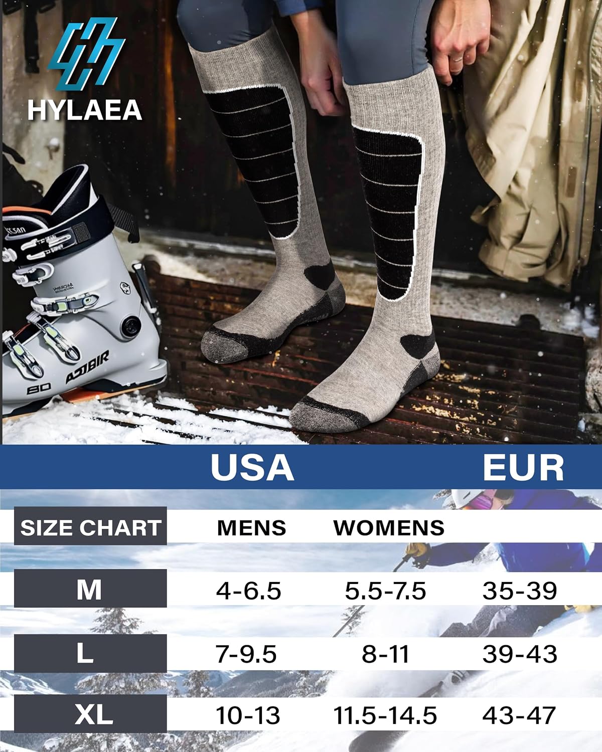 Hylaea Unisex Knee High Merino Wool Ski Snowboard Socks, Cushioning & Warm